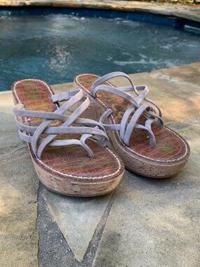 Sam Edelman Reana Suede Strappy Thong Cork Wedge Sandals Sz 8.5